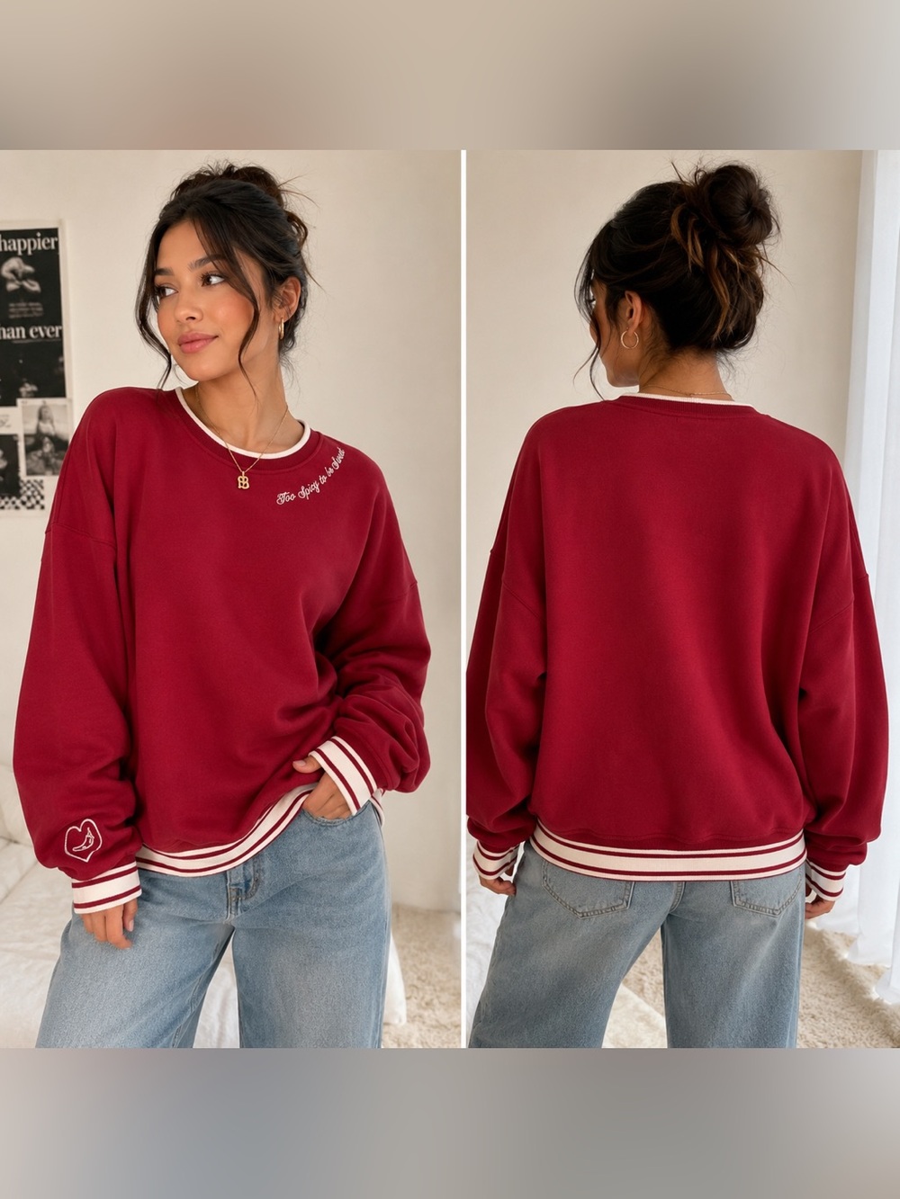 PINK Victoria's Secret Burgundy Crewneck Sweater with Cream Stripe Trim